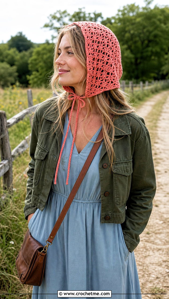 Crochet Bonnet With Maxi Dress And Ankle Boots - 20 crochet women's hat outfit ideas