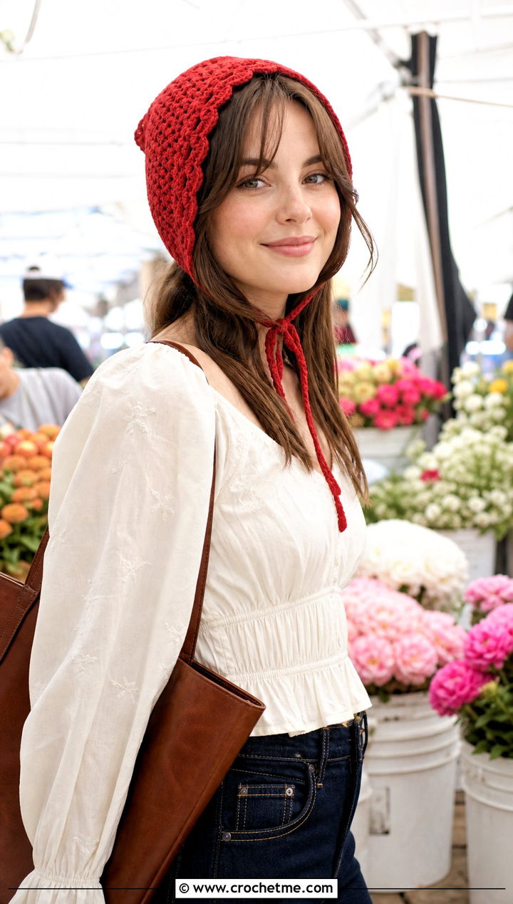 Crochet Bonnet With Prairie Blouse And Straight Jeans - 20 Fancy Crochet Hat outfit ideas