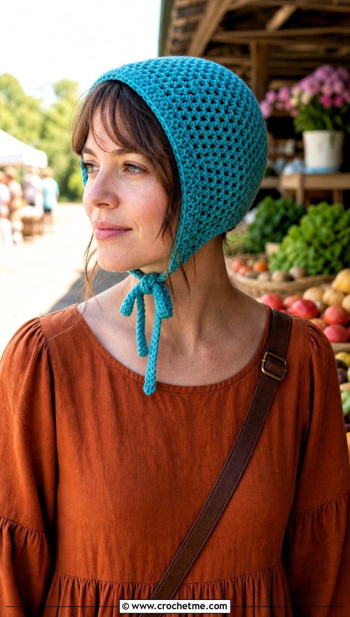 Crochet Bonnet With Prairie Dress - 35 one piece crochet hat outfit ideas