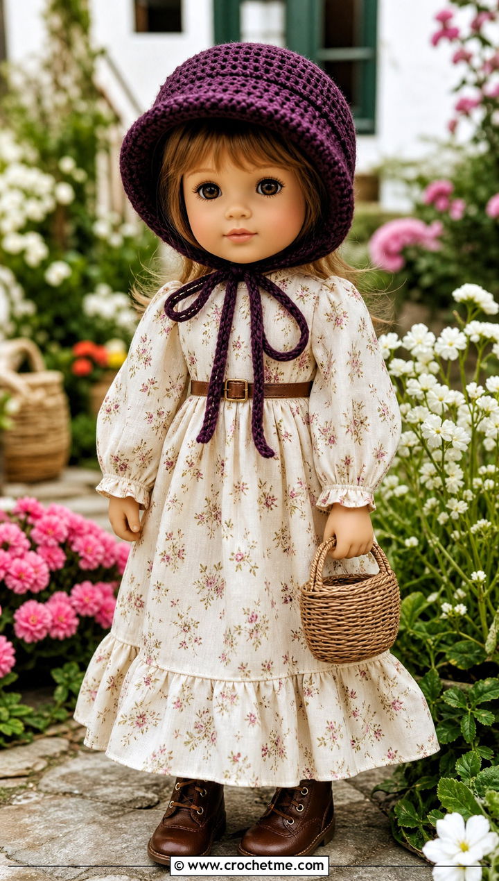 Crochet Bonnet With Prairie Dress And Ankle Boots - 35 crochet hat for doll outfit ideas