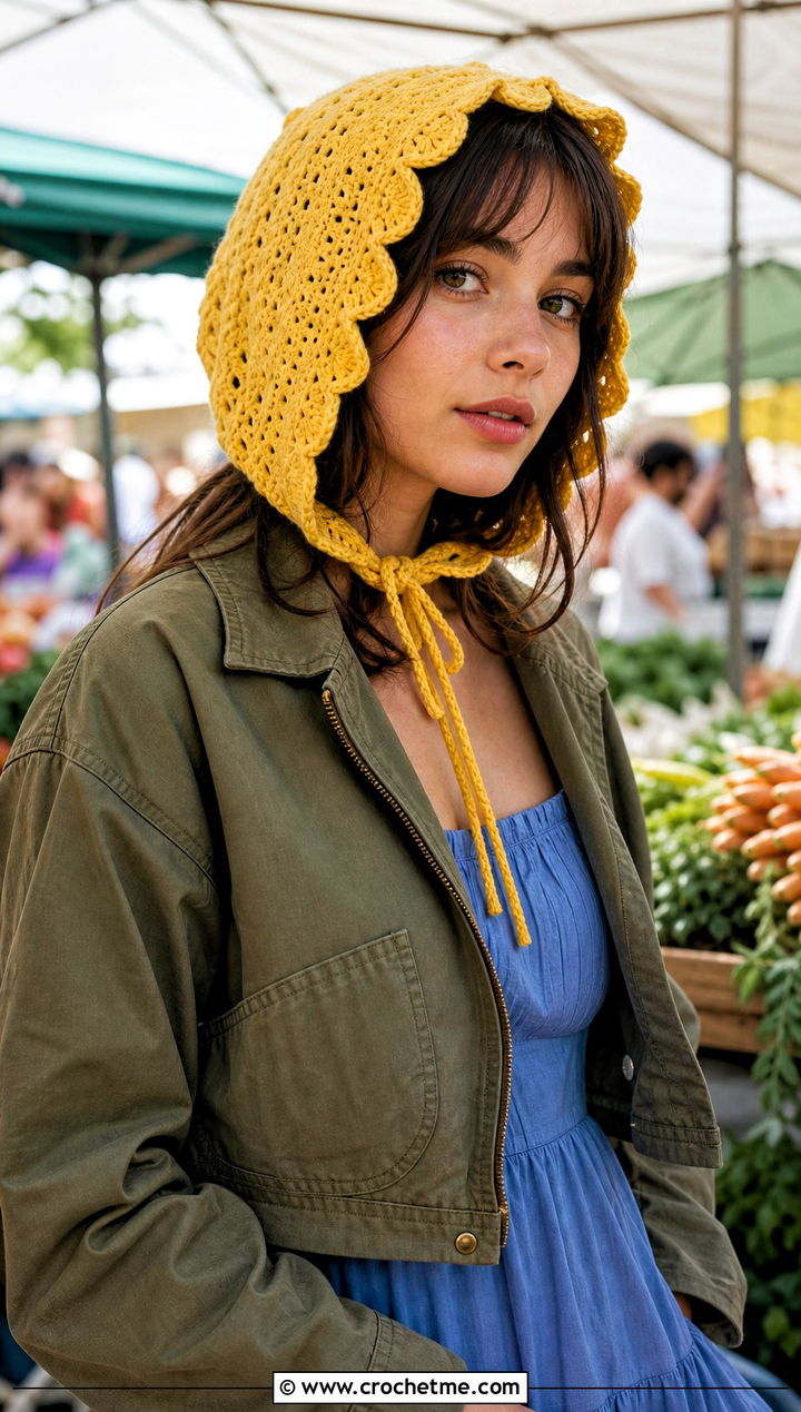 Crochet Bonnet With Prairie Dress And Boots - 15 Tiktok Crochet Hat outfit ideas