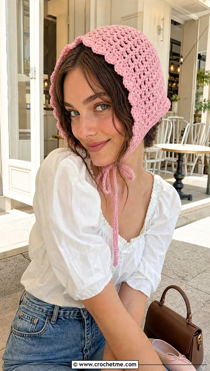 Crochet Bonnet With Puff Sleeve Blouse And Jeans - 35 women crochet hat outfit ideas