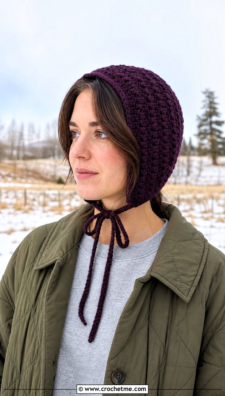 Crochet Bonnet With Quilted Coat - 30 winter crochet hats outfit ideas
