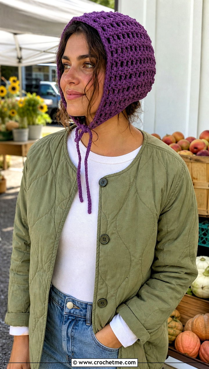Crochet Bonnet With Quilted Jacket - 25 Quick Crochet Hats outfit ideas