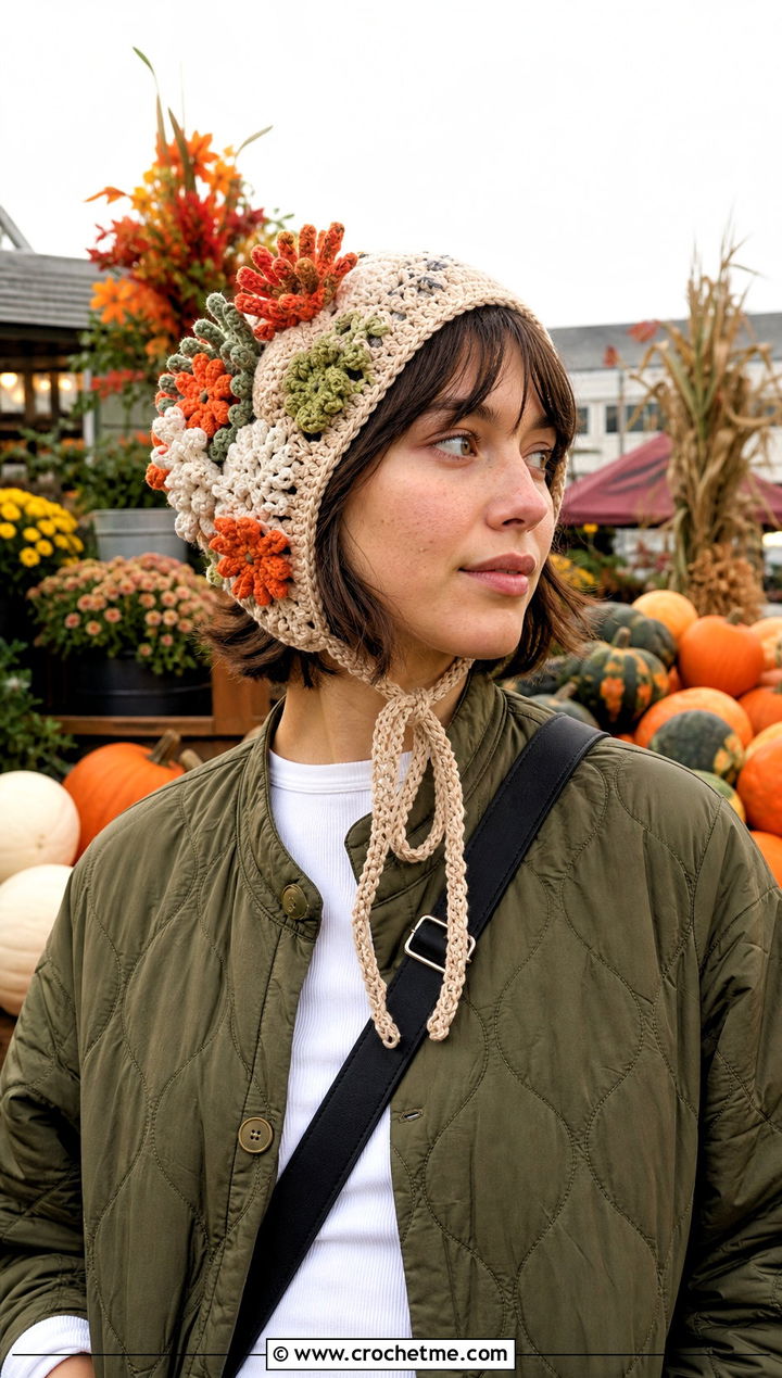 Crochet Bonnet With Quilted Jacket - 15 Crochet Hats All Sizes outfit ideas