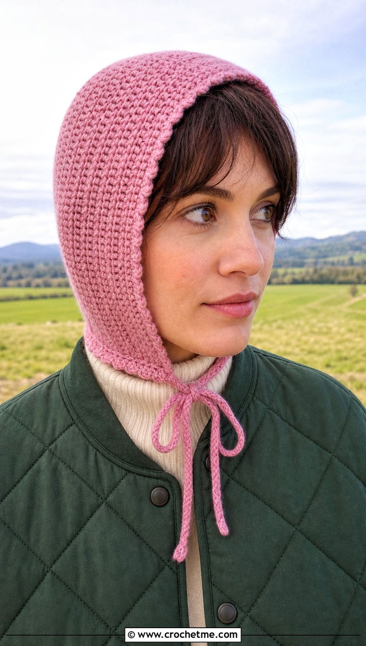 Crochet Bonnet With Quilted Jacket - 20 Cool Crochet Hat Ideas