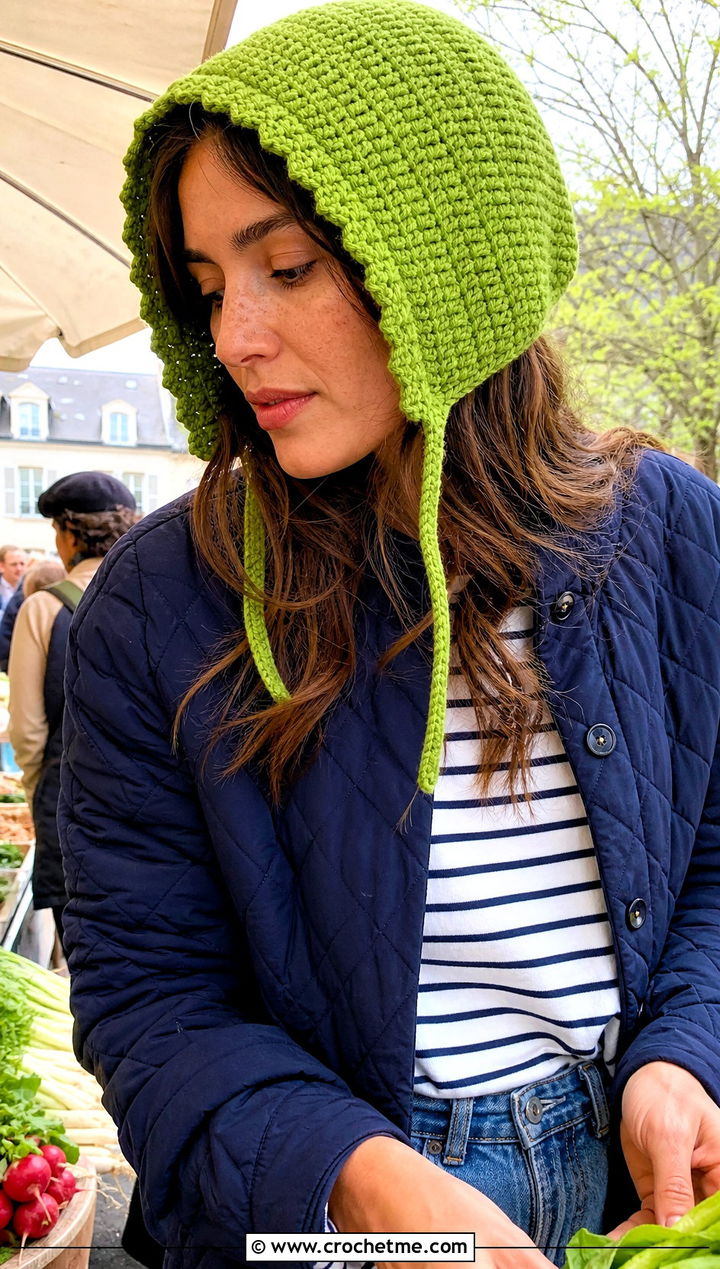 Crochet Bonnet With Quilted Jacket And Jeans - 35 cute crochet hat outfit ideas