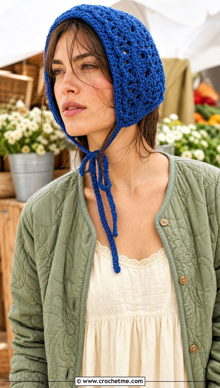 Crochet Bonnet With Quilted Jacket And Midi Dress - 15 Easy Crochet Hats For Women outfit ideas