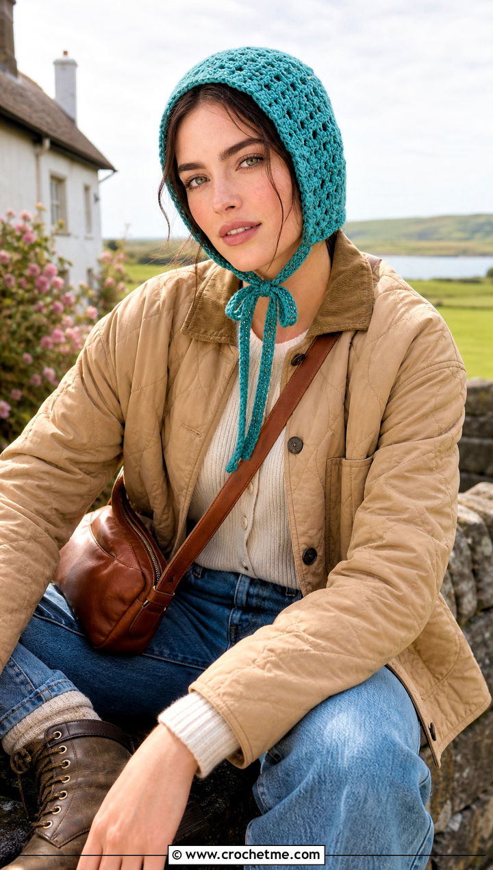 Crochet Bonnet With Quilted Jacket - 30 Women Crochet Hats outfit ideas