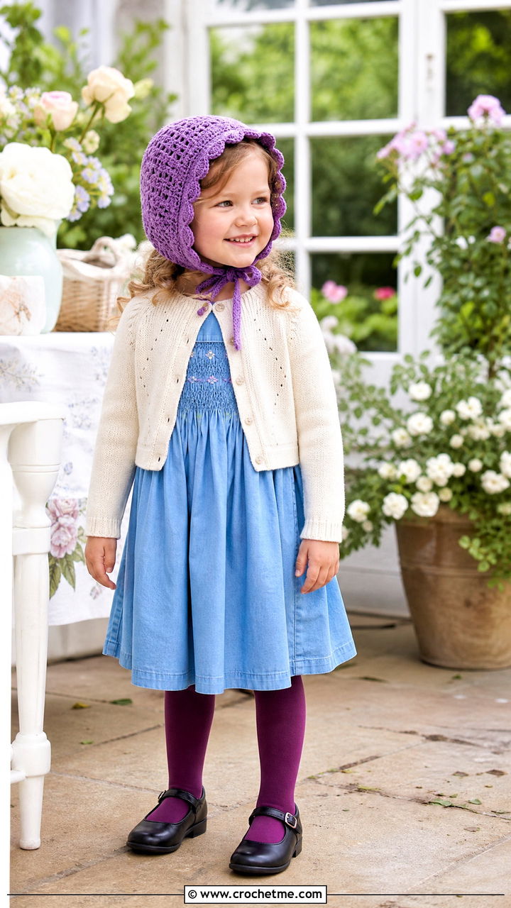 Crochet Bonnet With Smocked Dress - 35 childrens crochet hats outfit ideas