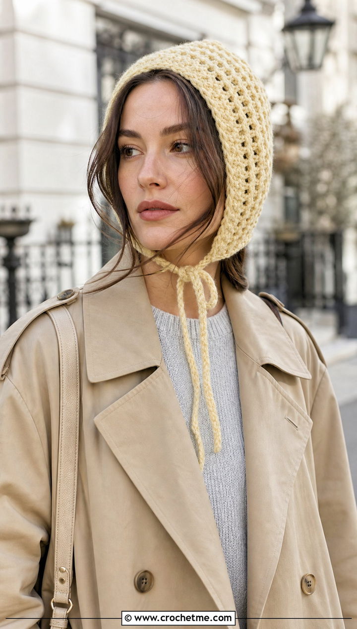 Crochet Bonnet With Trench Coat And Ballet Flats - 15 Modern Crochet Hat outfit ideas