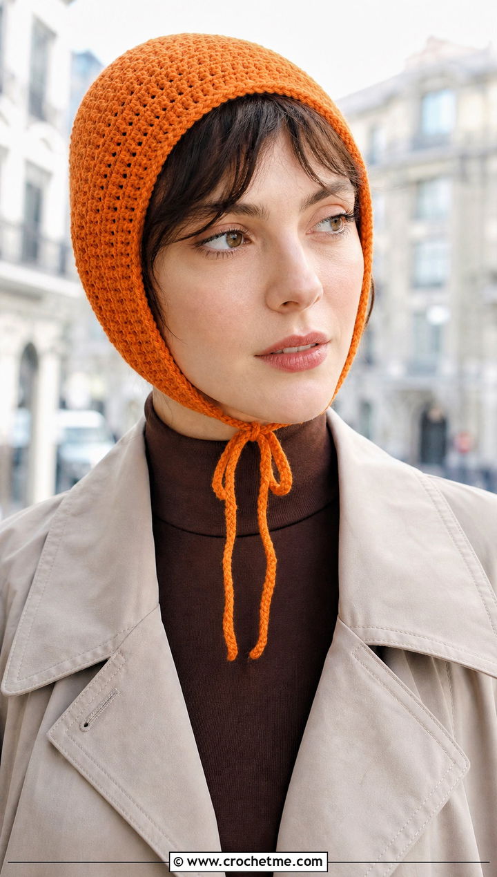 Crochet Bonnet With Trench Coat - 30 aesthetic crochet hat ideas