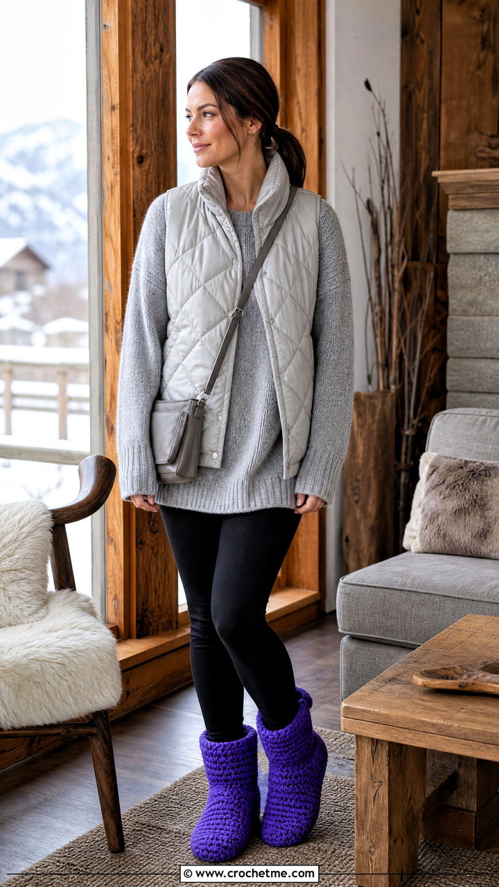 Crochet Bootie Slippers With A Sweater And Leggings - 35 crochet slipper outfit ideas