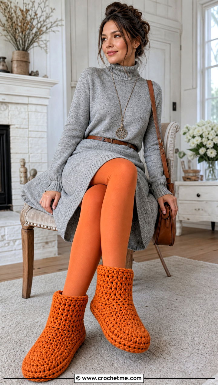 Crochet Bootie Slippers With A Sweater Dress - 15 cottage crochet slippers outfit ideas