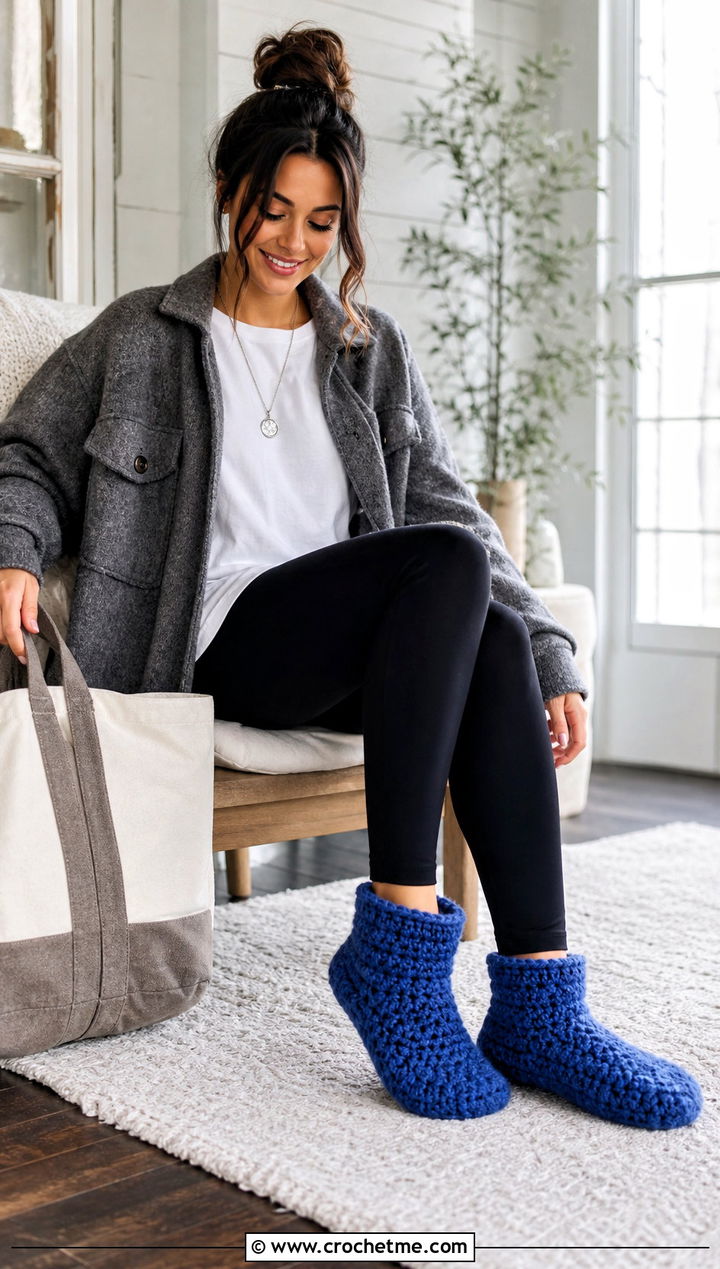 Crochet Bootie Slippers With Leggings And A Shacket - 35 easy crochet slippers outfit ideas