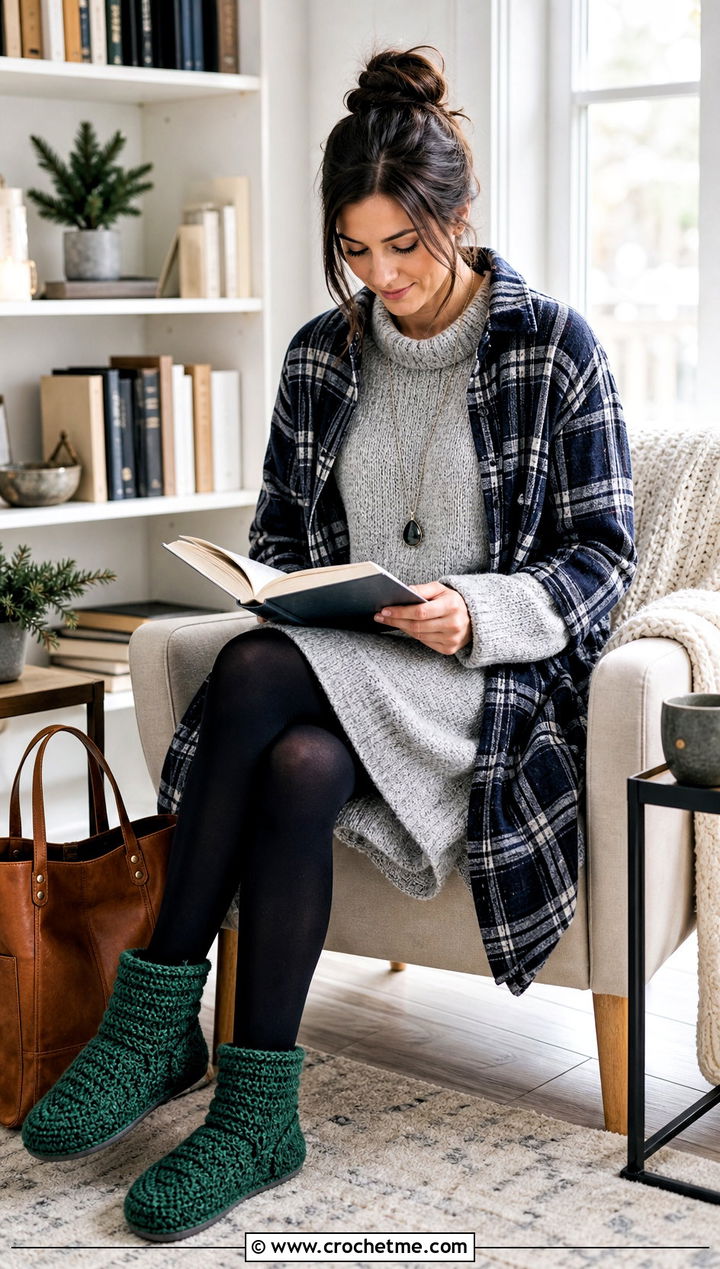 Crochet Bootie Slippers With Sweater Dress - 15 Women's Crochet Slippers outfit ideas