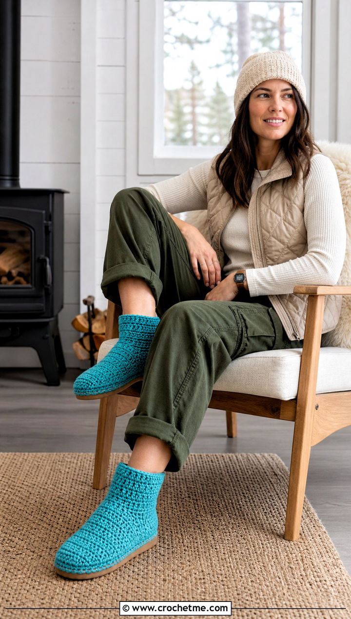 Crochet Bootie Slippers With Thermal Top And Cargo Pants - 25 Easy Crochet Slippers For Beginners outfit ideas