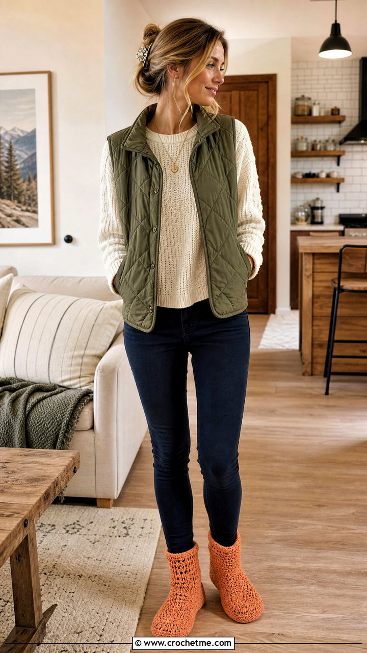 Crochet Bootie Slippers With a Sweater and Skinny Jeans - 35 easy crochet slippers adult outfit ideas