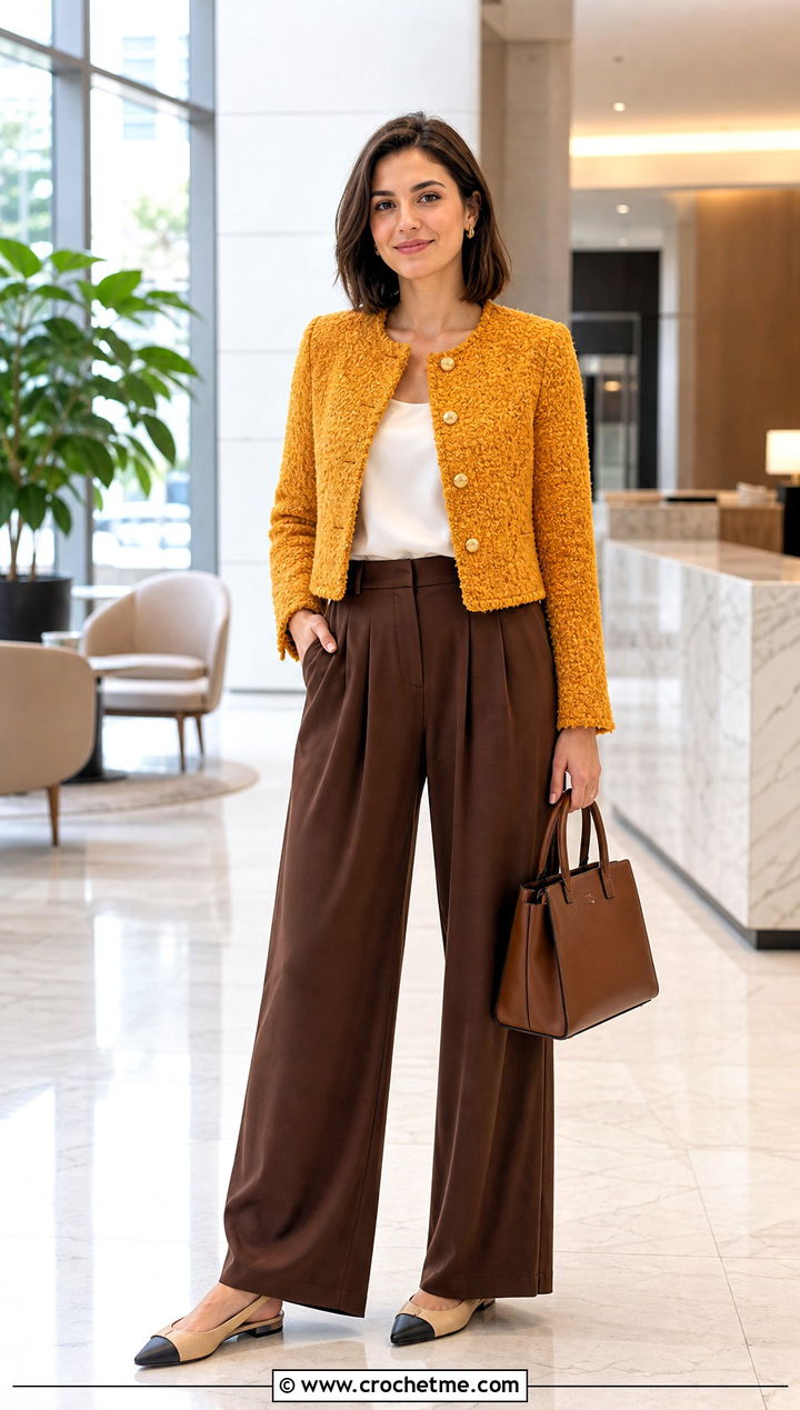 Crochet Boucle Jacket With Pleated Trousers - 35 crocheted jacket outfit ideas