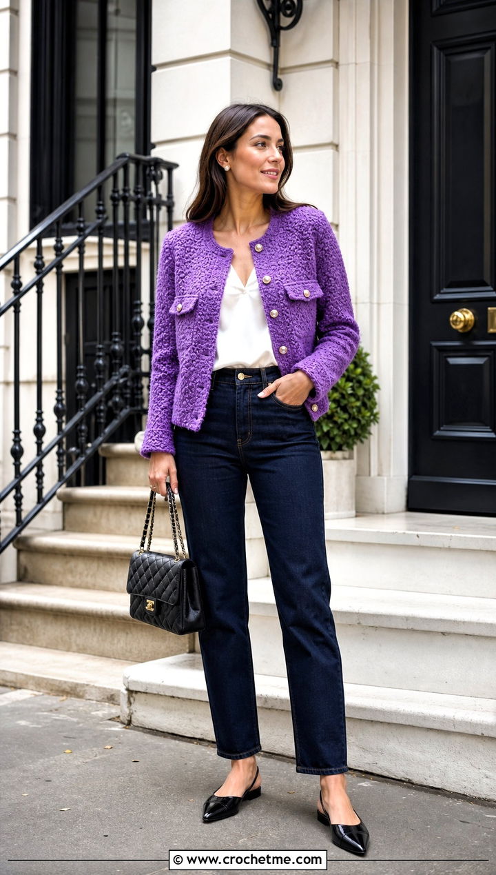 Crochet Boucle Jacket With Straight Leg Jeans - 35 old money crochet outfits ideas