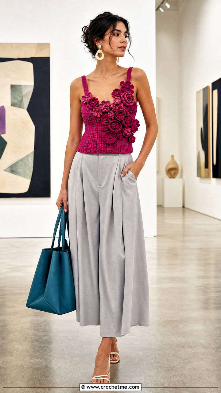 Crochet Bouquet Tank Top With Wide Leg Culottes - 35 crochet flower tank top outfit ideas