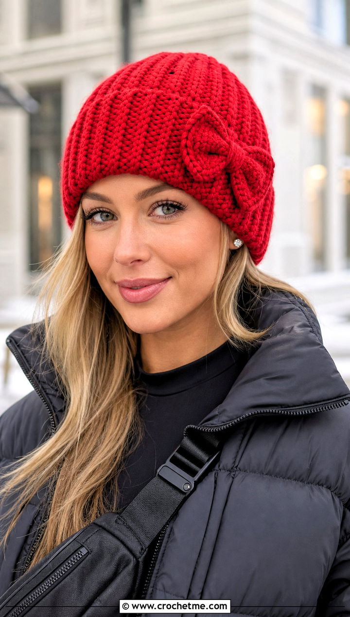 Crochet Bow Beanie With Puffer Jacket And Leggings - 20 Crochet Bow Hat outfit ideas