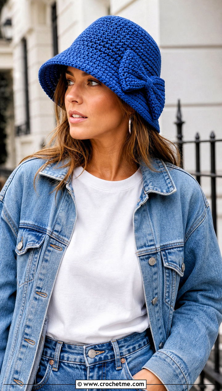 Crochet Bow Bucket Hat With Denim Jacket And Jeans - 20 Crochet Bow Hat outfit ideas