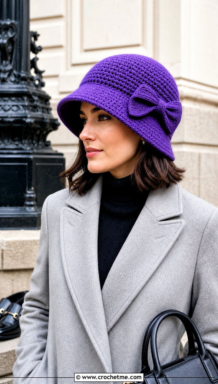 Crochet Bow Cloche Hat With Tailored Coat And Loafers - 20 Crochet Bow Hat outfit ideas