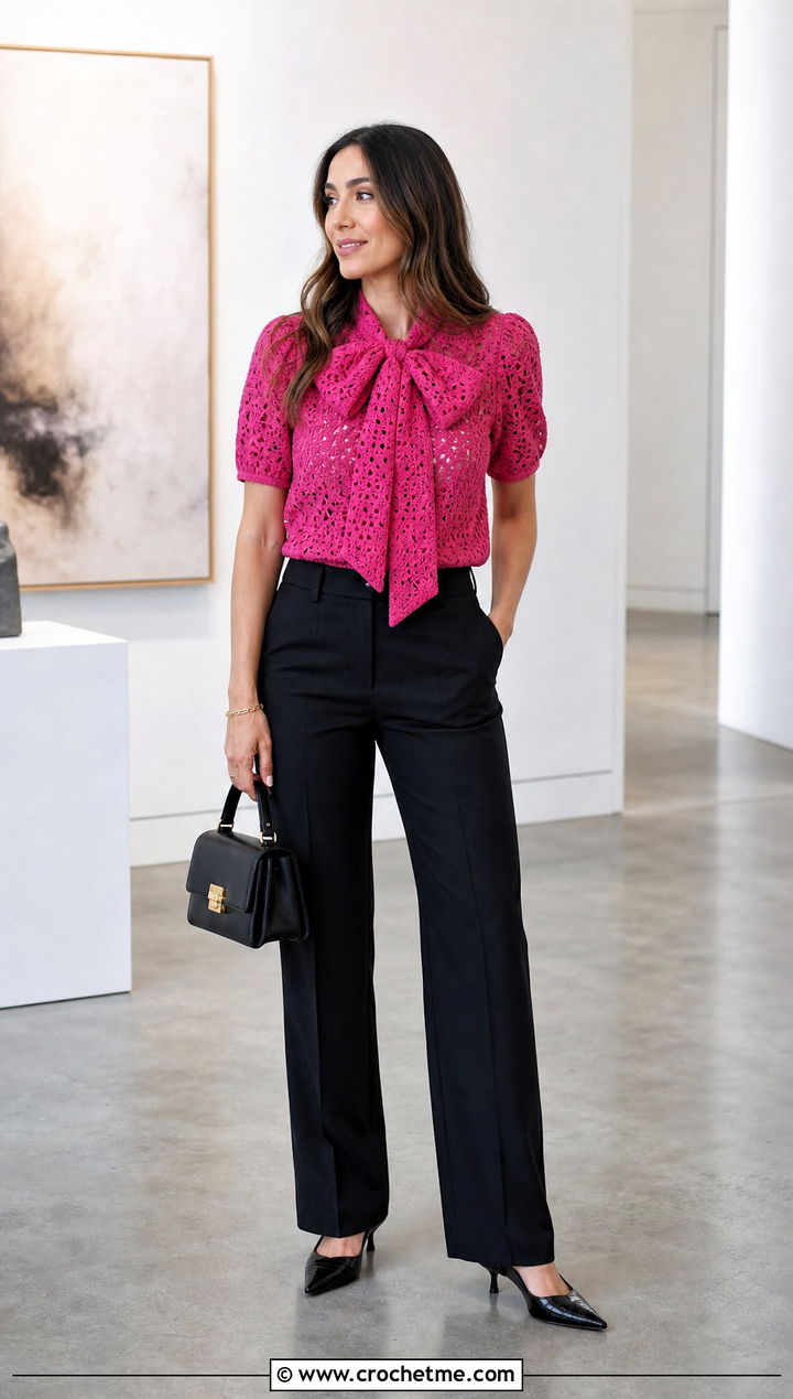 Crochet Bow Collar Top With Straight Trousers - 20 Crochet Top With Collar outfit ideas