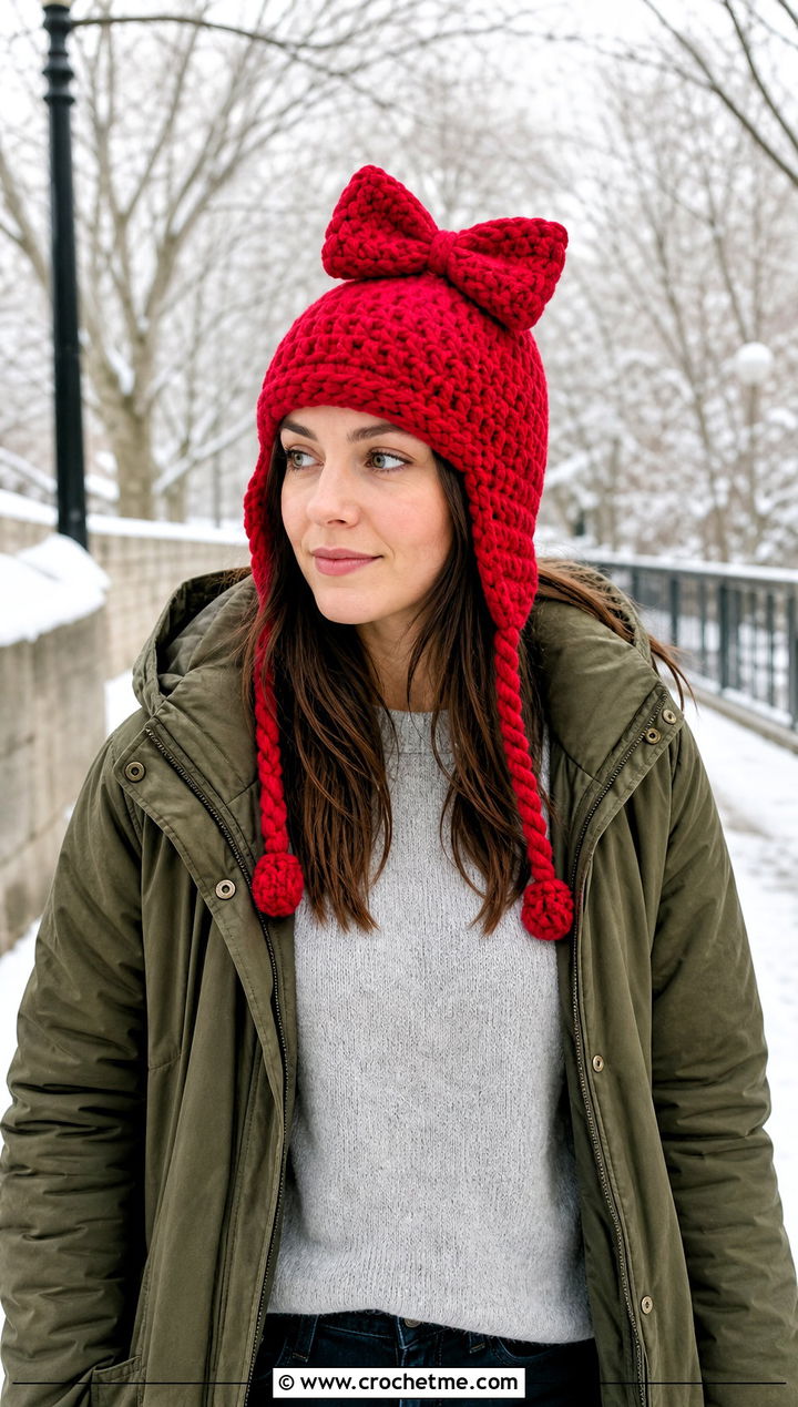 Crochet Bow Earflap Hat With Parka And Straight Leg Jeans - 20 Crochet Bow Hat outfit ideas