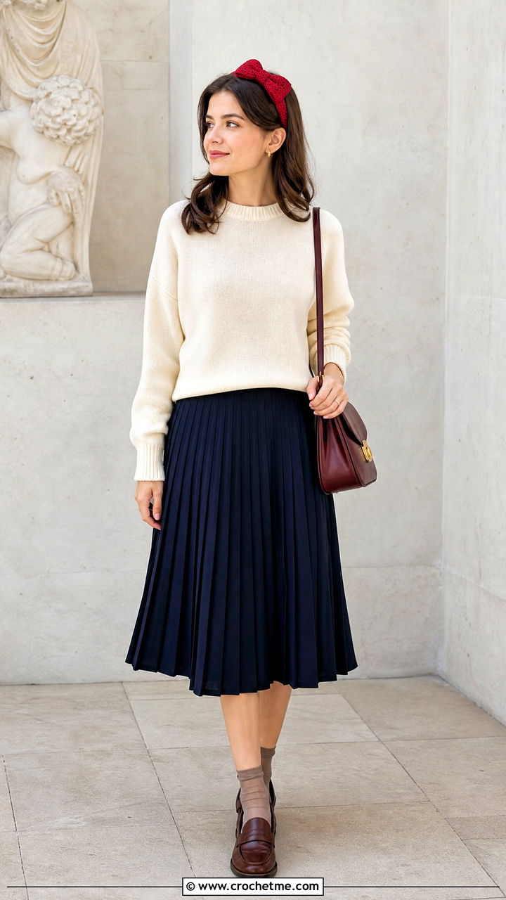 Crochet Bow Headband With Sweater And Pleated Skirt - 35 easy crochet headband outfit ideas