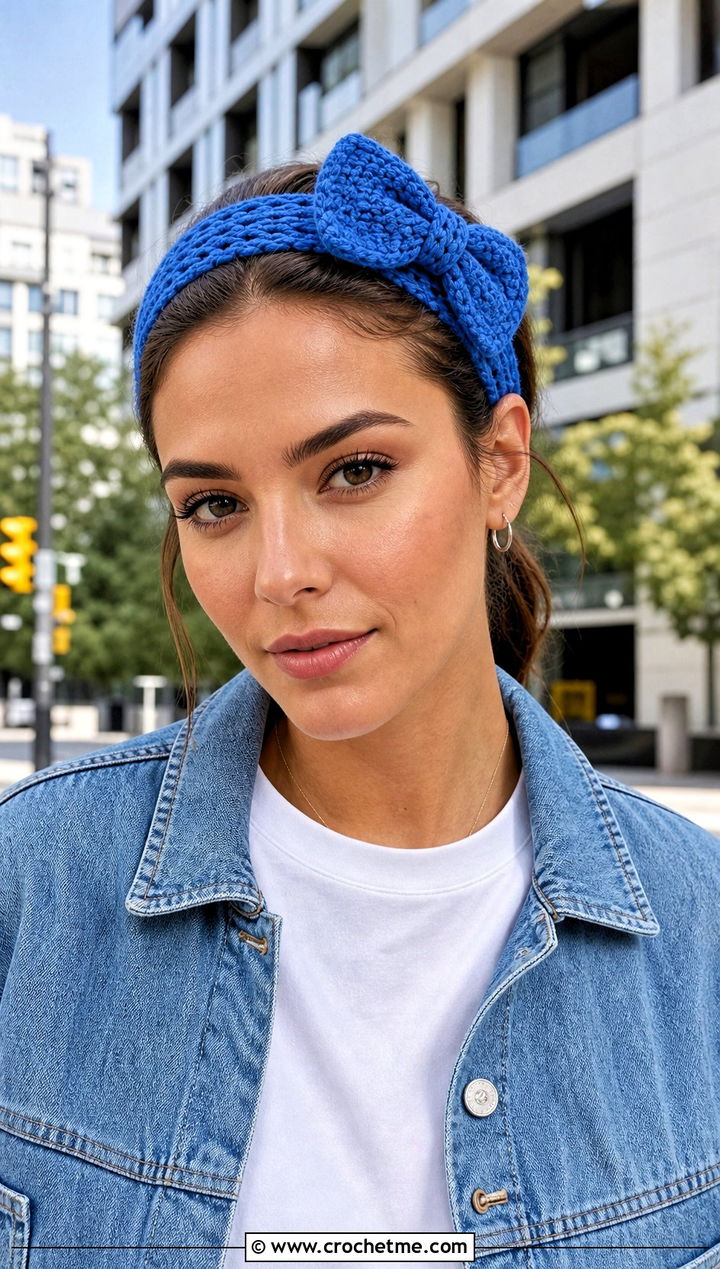 Crochet Bow Makeup Headband With White Tee And Jeans - 25 Crochet Makeup Headband outfit ideas