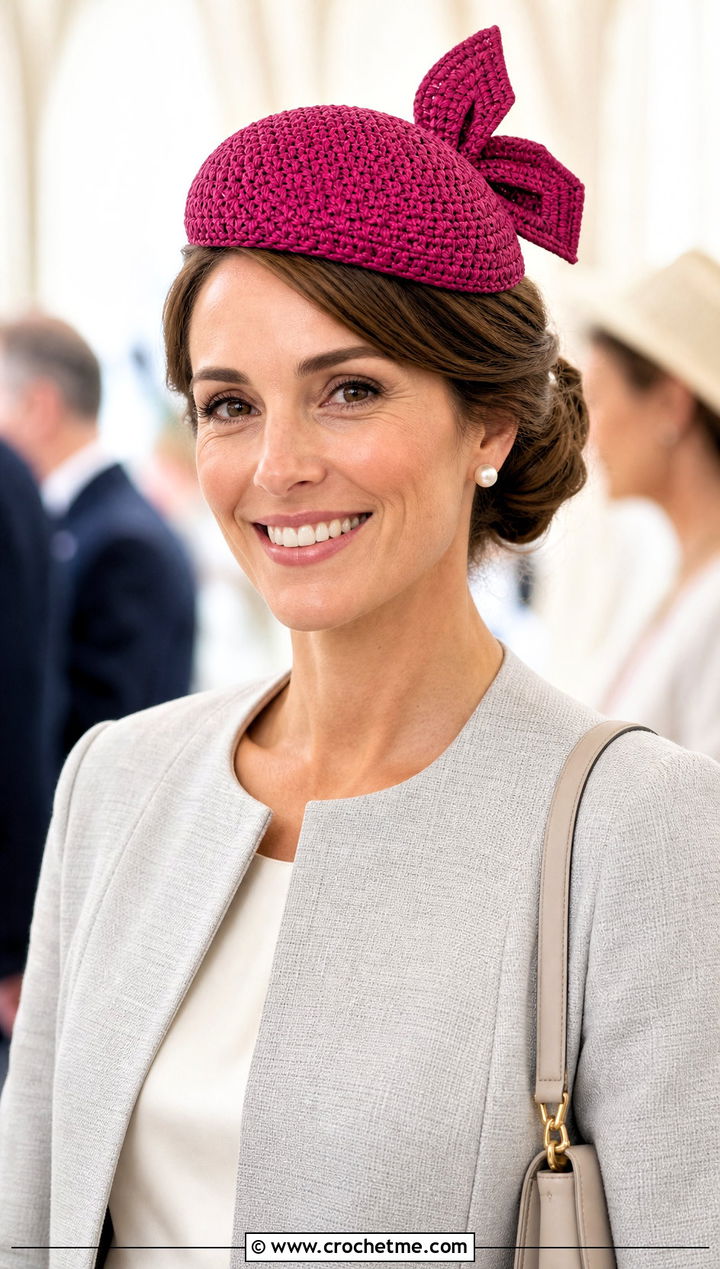 Crochet Bow Pillbox Hat With Skirt Suit And Slingback Heels - 20 Crochet Bow Hat outfit ideas
