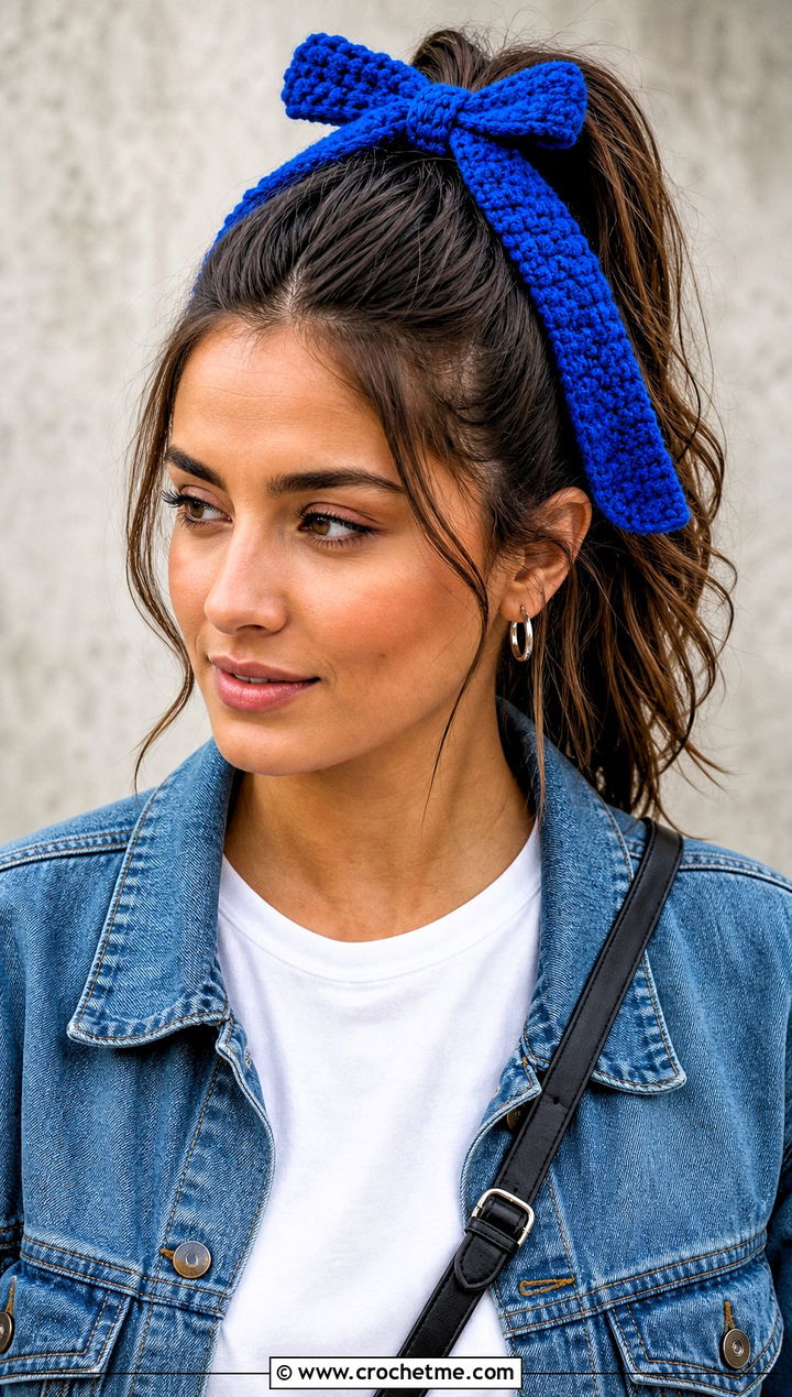 Crochet Bow Scrunchie Hair Tie Scarf With White Tee And Jeans - 20 crochet hair tie scarf outfit ideas
