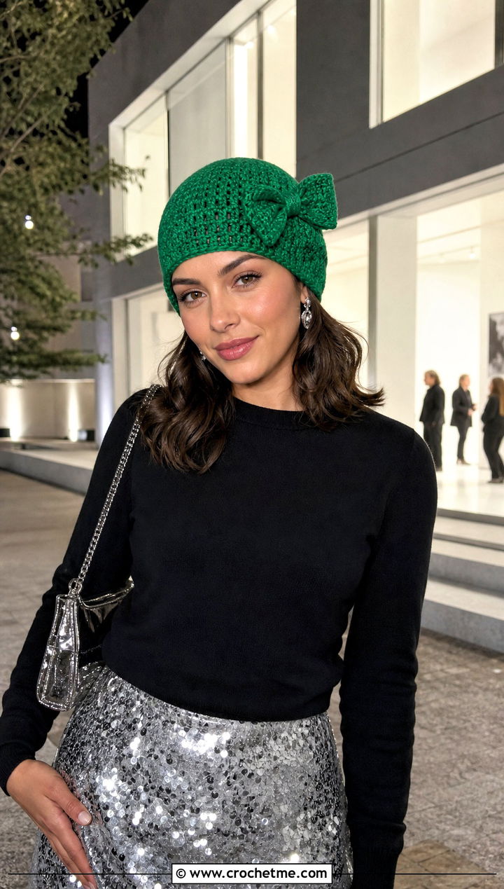 Crochet Bow Toque With Sequin Skirt And Crewneck Sweater - 20 Crochet Bow Hat outfit ideas
