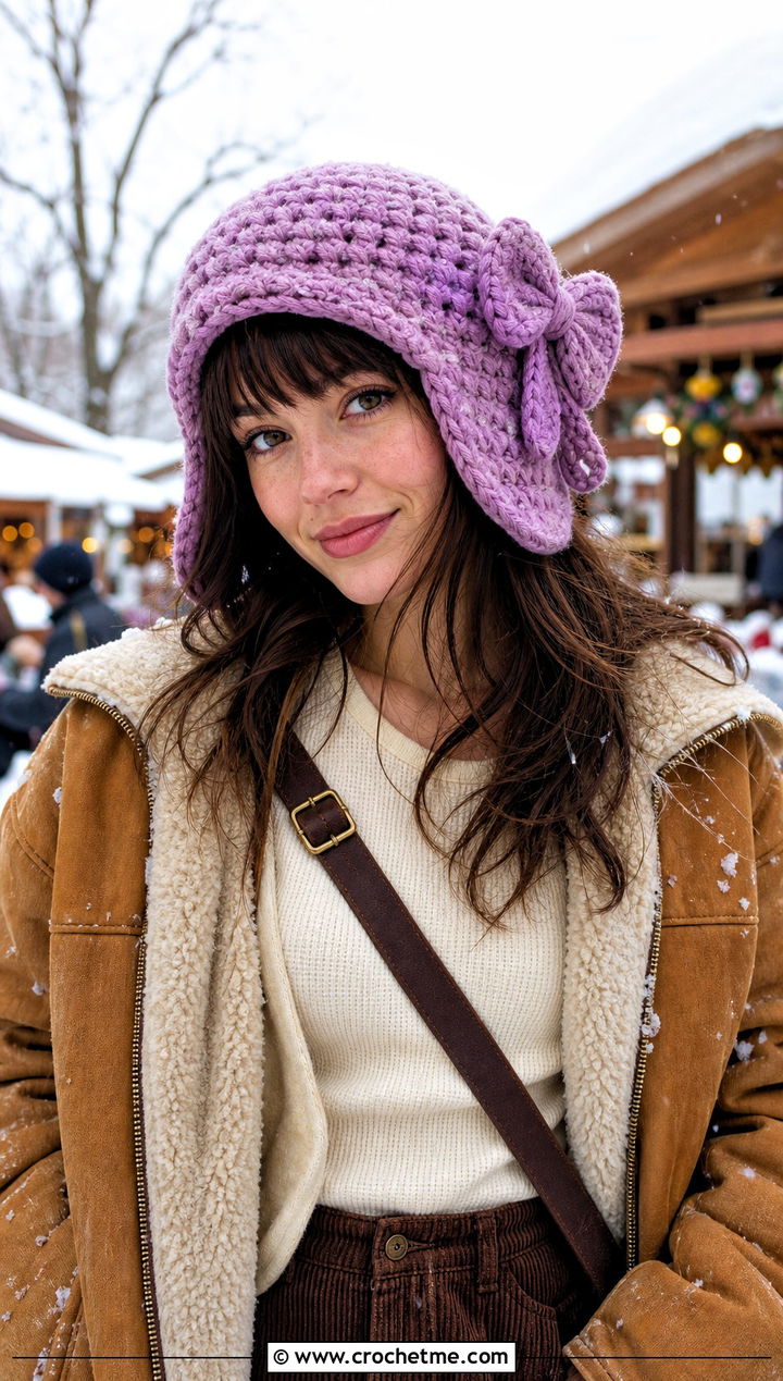 Crochet Bow Trapper Hat With Shearling Jacket And Corduroy Pants - 20 Crochet Bow Hat outfit ideas