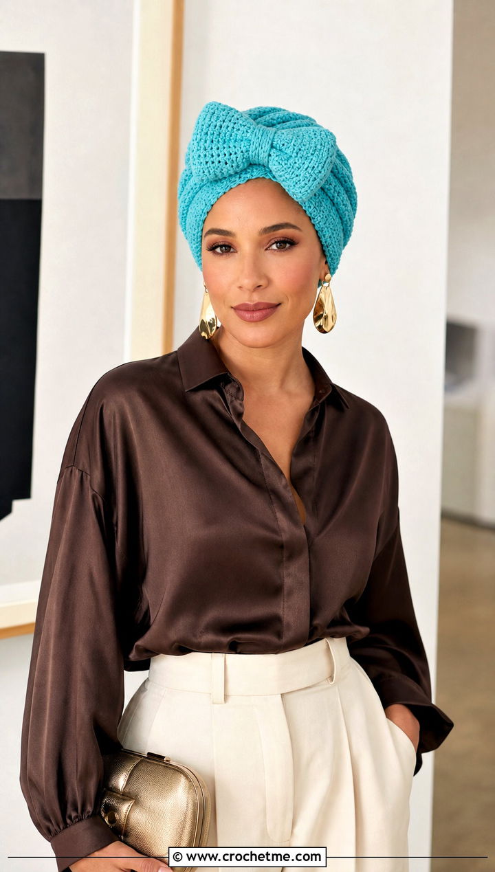 Crochet Bow Turban Hat With Satin Blouse And Wide Leg Pants - 20 Crochet Bow Hat outfit ideas