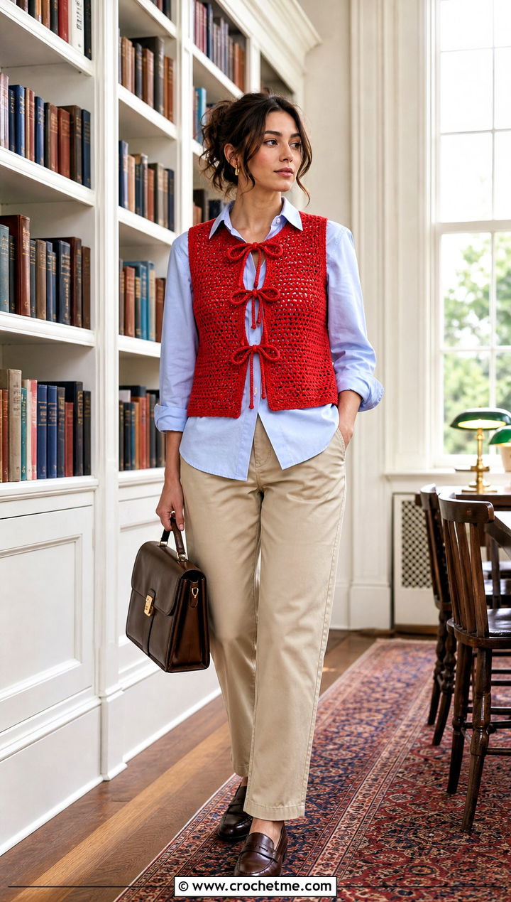Crochet Bow Vest Top With Poplin Shirt - 25 crochet bow top outfit ideas