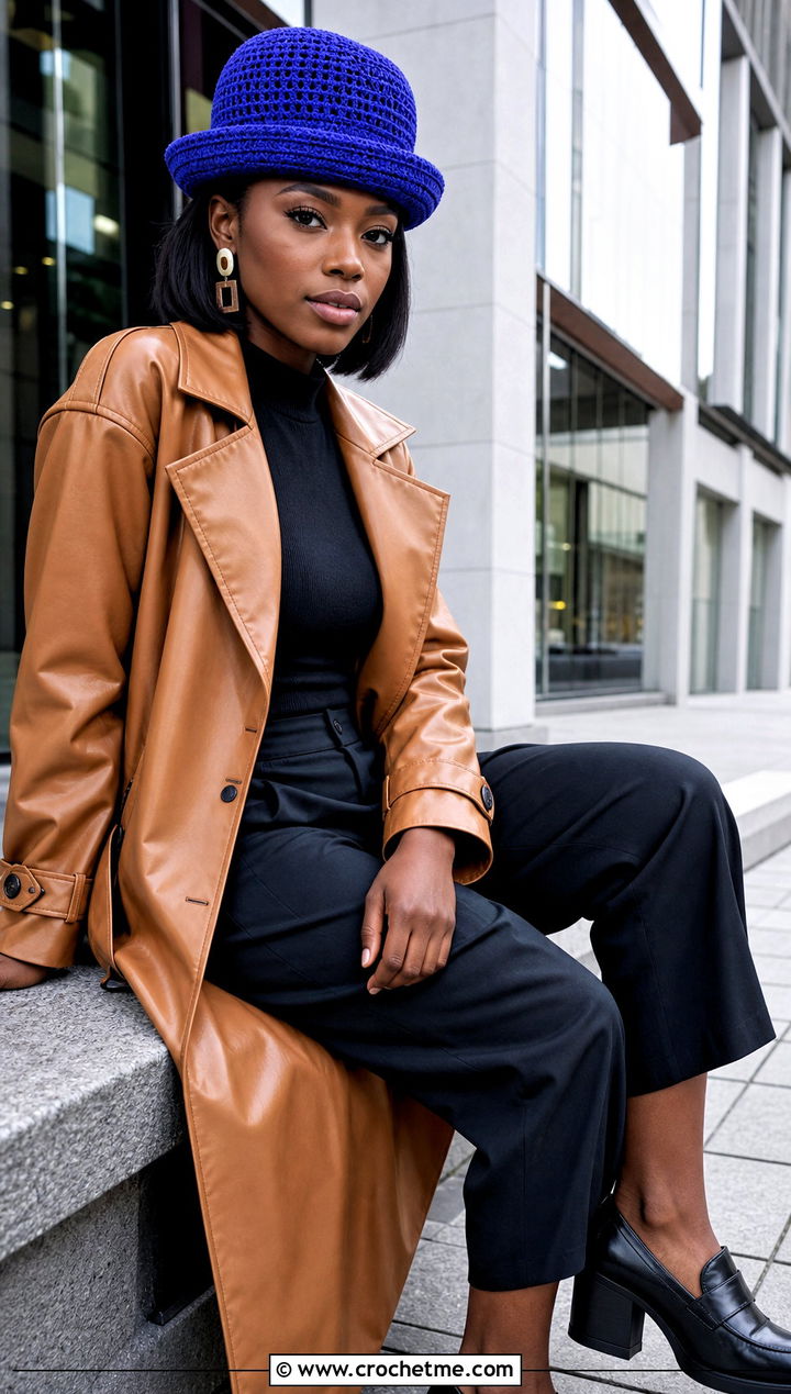 Crochet Bowler Hat With Leather Trench - 30 crochet hats black women outfit ideas