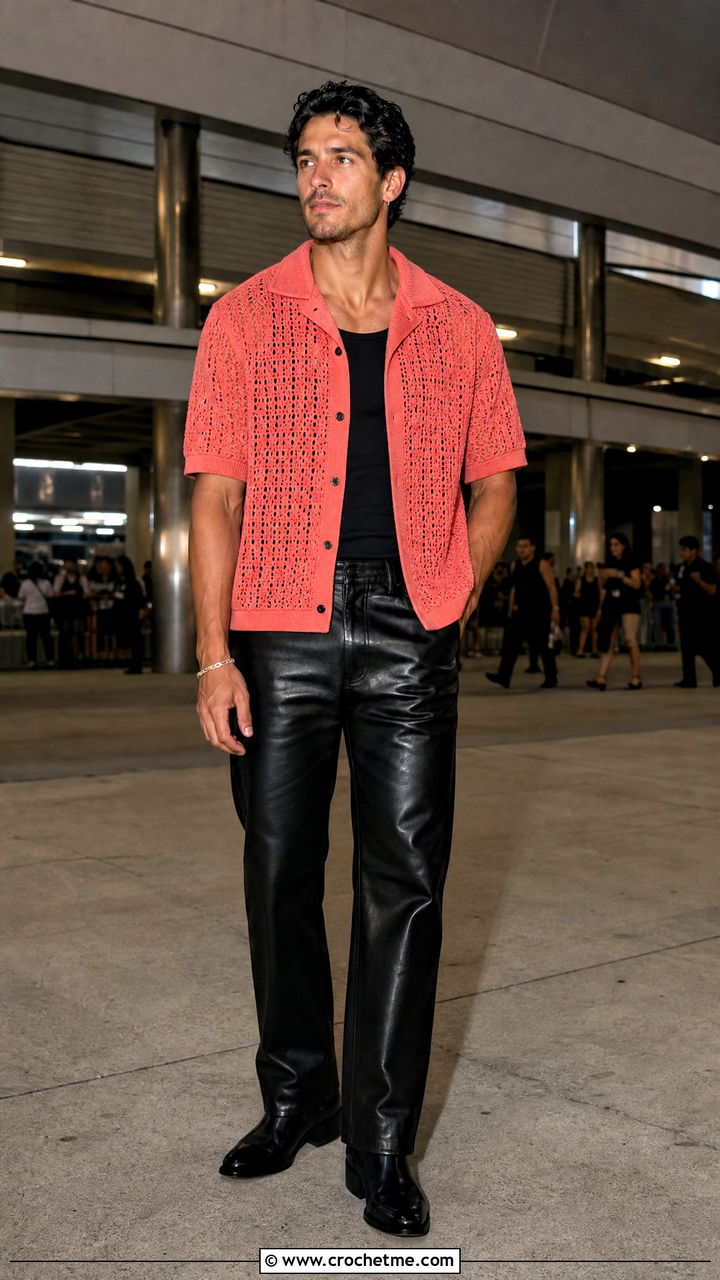 Crochet Bowling Shirt With Leather Pants - 35 crochet mens shirt outfit ideas