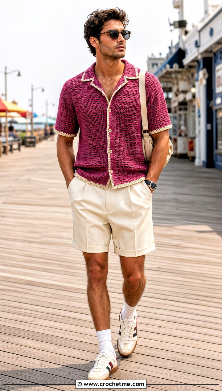 Crochet Bowling Shirt With Pleated Shorts - 35 crochet man shirt outfit ideas