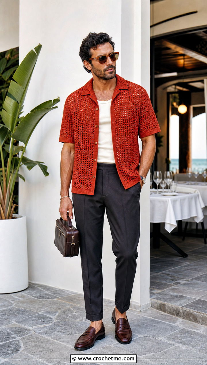 Crochet Bowling Shirt With Tapered Trousers - 35 men's crochet shirt outfit ideas