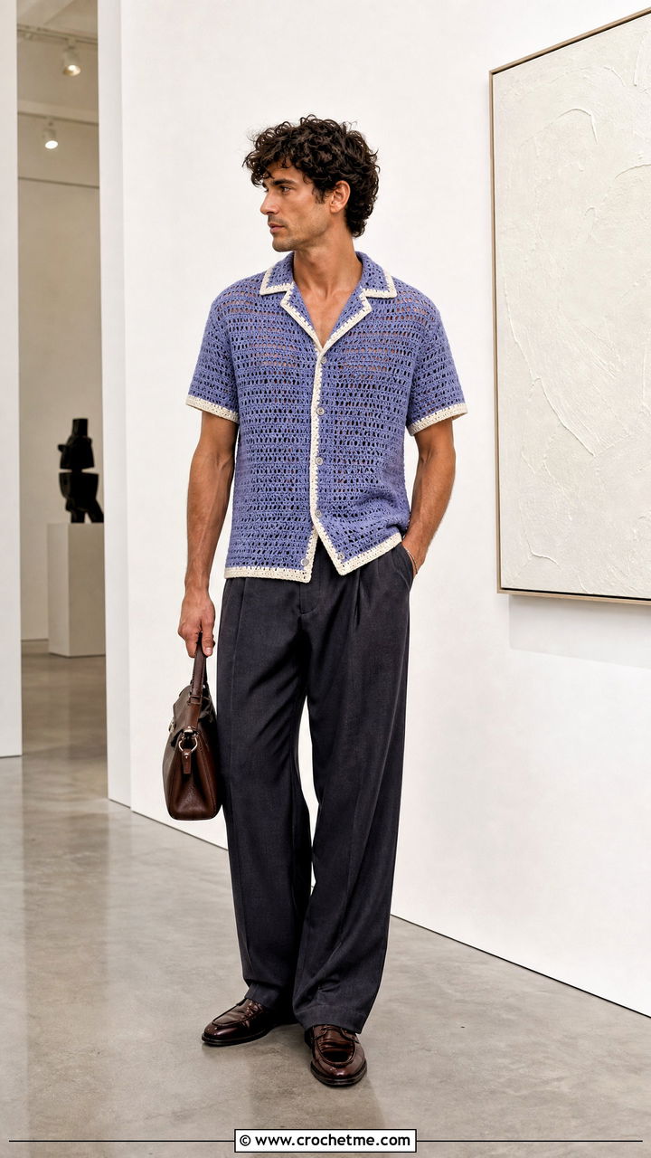 Crochet Bowling Shirt With Wide Leg Trousers - 35 mens crochet shirt outfit ideas