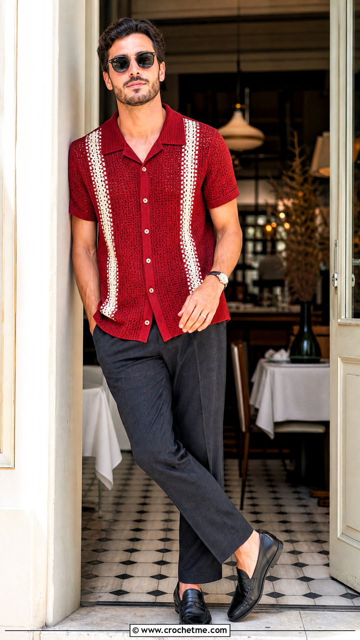 Crochet Bowling Shirt With Wool Trousers - 35 crochet shirt men outfit ideas