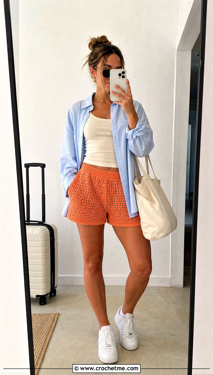 Crochet Boxer Shorts With Oversized Button Down - 30 crochet baggy shorts outfit ideas