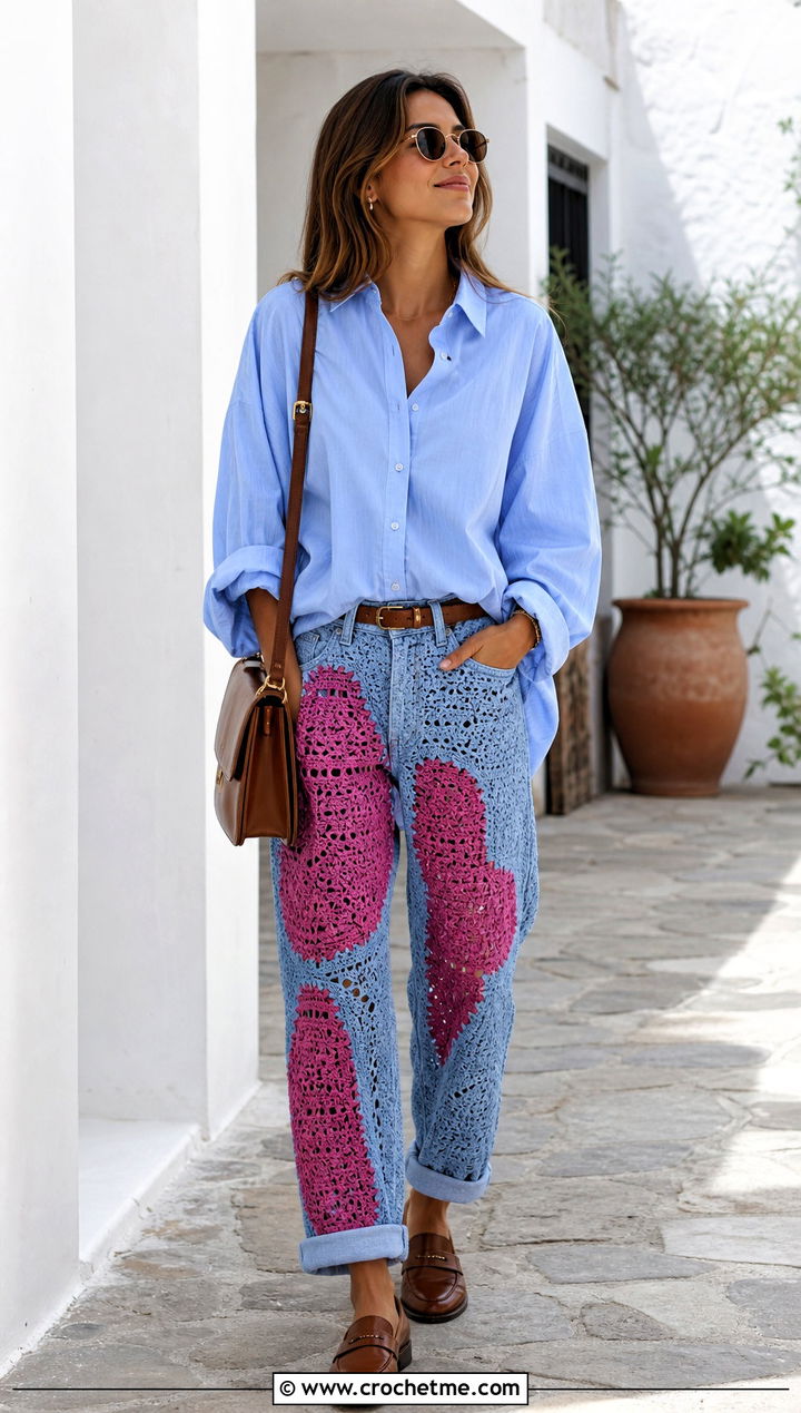Crochet Boyfriend Jeans With Oxford Shirt - 30 crochet denim pants outfit ideas