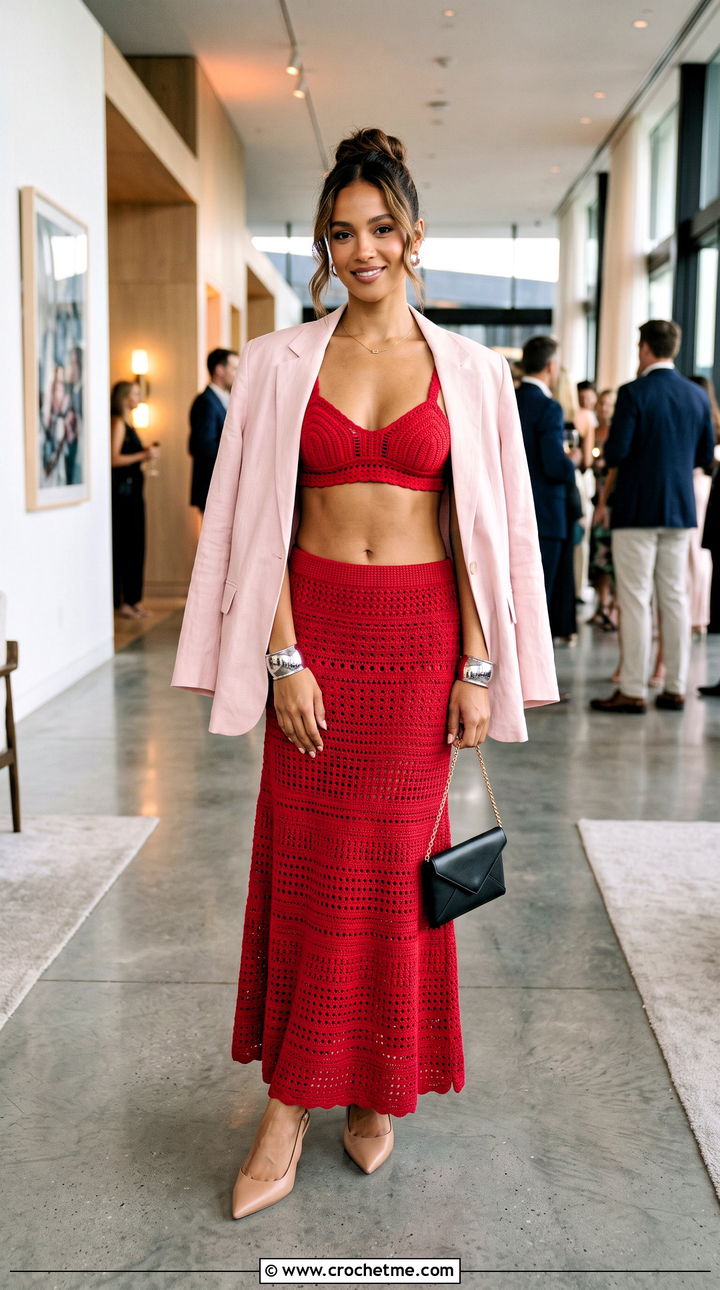 Crochet Bralette And Maxi Skirt Set With Oversized Blazer - 35 crochet set outfit ideas
