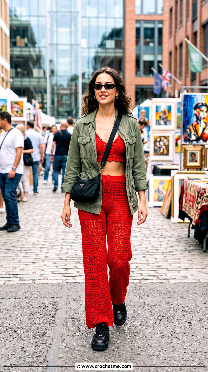 Crochet Bralette And Palazzo Pants Set With Utility Jacket - 25 Crochet Summer Two Piece outfit ideas