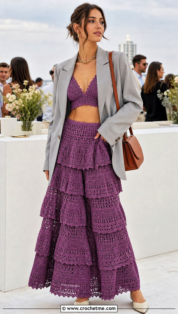 Crochet Bralette And Tiered Maxi Skirt Set With Blazer - 30 crochet top and bottom set outfit ideas
