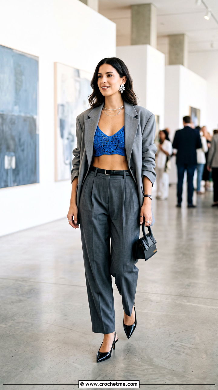 Crochet Bralette Crop Top With Oversized Blazer - 35 crochet crop top outfits ideas